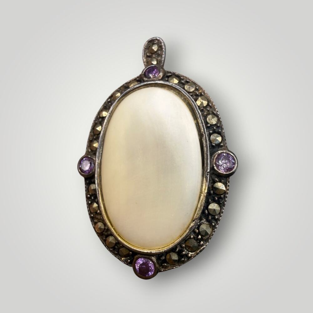 VTG 925 Sterling Silver Mother of Pearl Marcasite Purple Stone Pendant Brooch - Picture 5 of 8